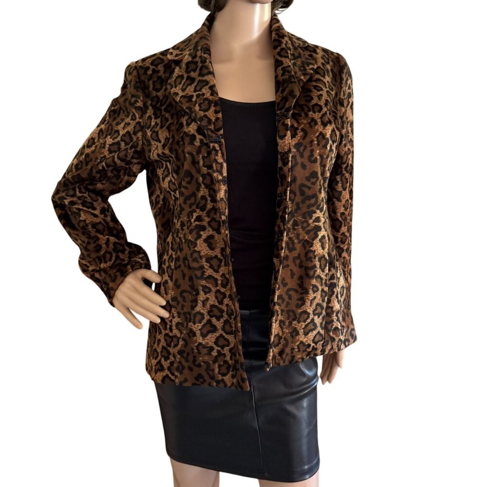 Susan Graver Leopard Print Jacket XS Faux Suede Button Front Lined Animal Print